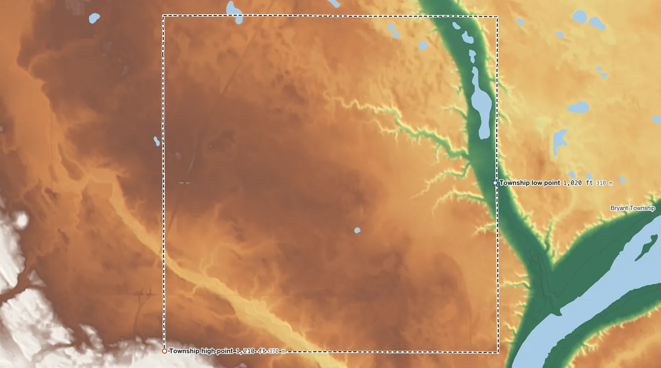 Topographic elevation map of Grant Township, Roberts County, South Dakota, shaded from 1,020 ft on the east side to 1,210 ft on the southwest side