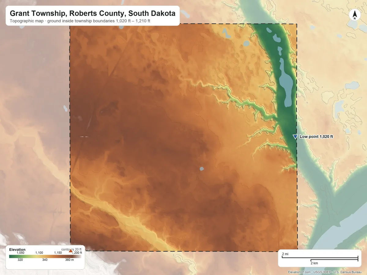 Topographic elevation map of Grant Township, Roberts County, South Dakota, shaded from 1,020 ft on the east side to 1,210 ft on the southwest side