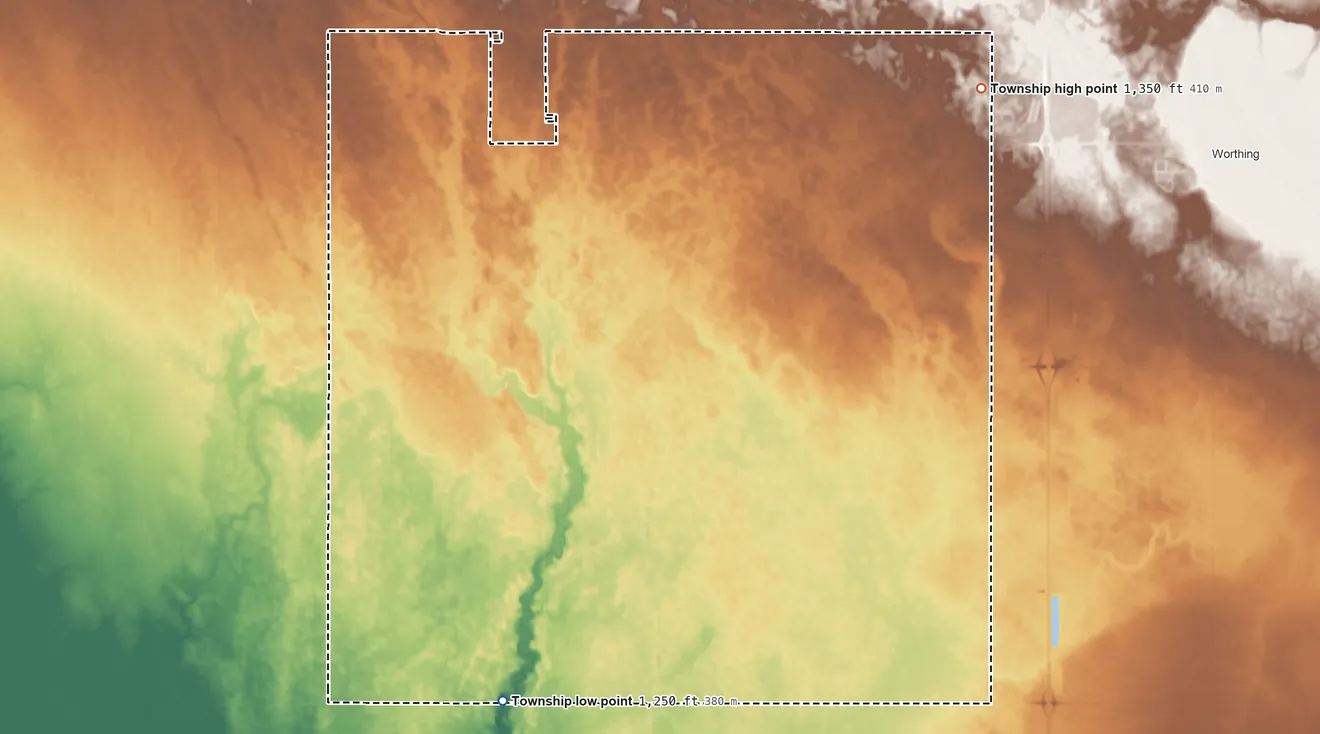 Topographic elevation map of Grant Township, South Dakota, shaded from 1,250 ft on the southwest side to 1,350 ft on the northeast side