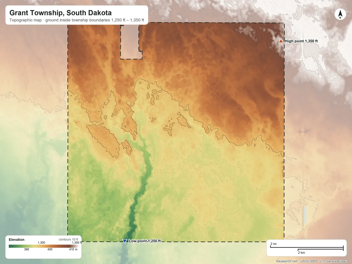 Topographic elevation map of Grant Township, South Dakota, shaded from 1,250 ft on the southwest side to 1,350 ft on the northeast side