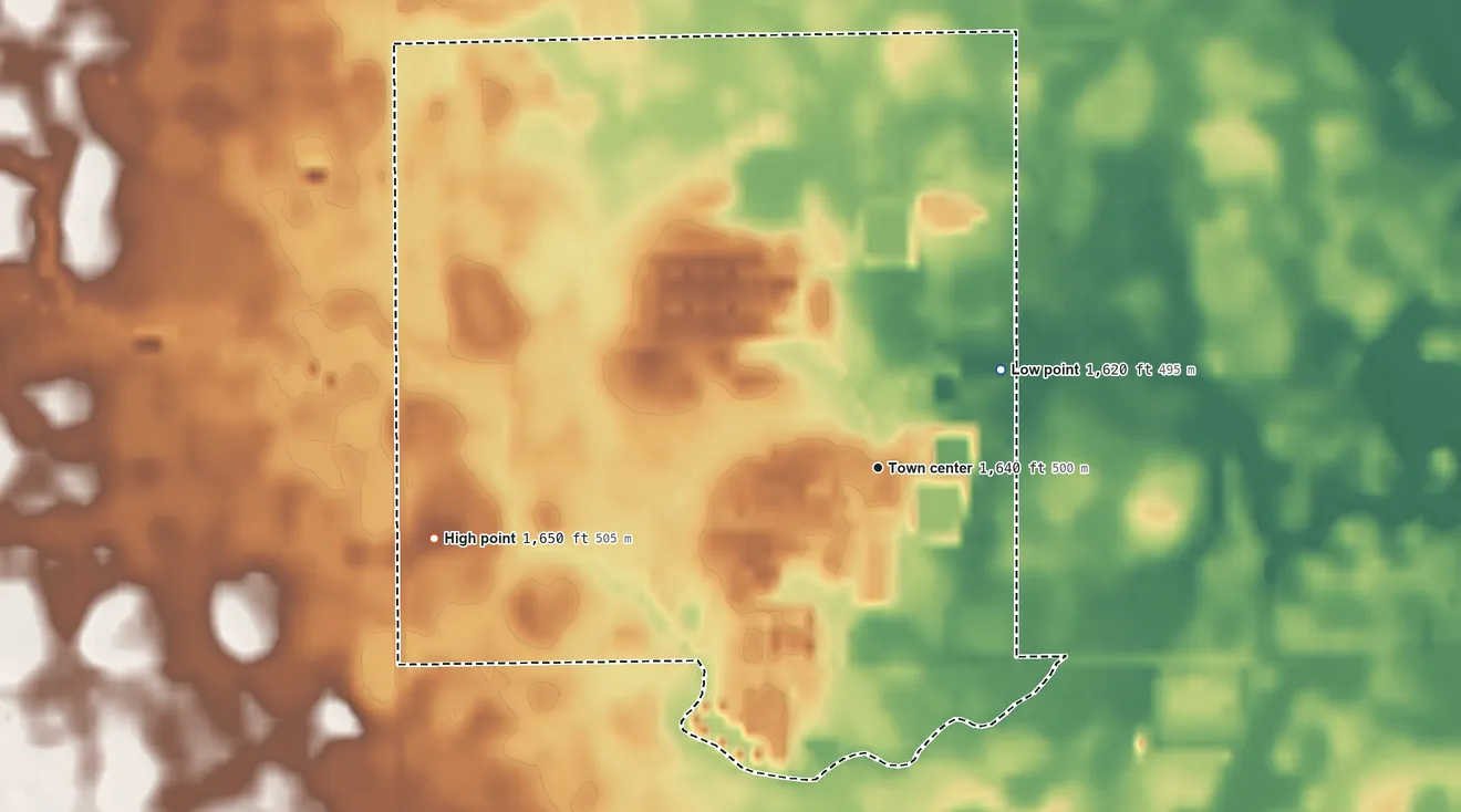 Topographic elevation map of Grass Ranch Colony, South Dakota, shaded from 1,620 ft on the northeast side to 1,650 ft on the west side
