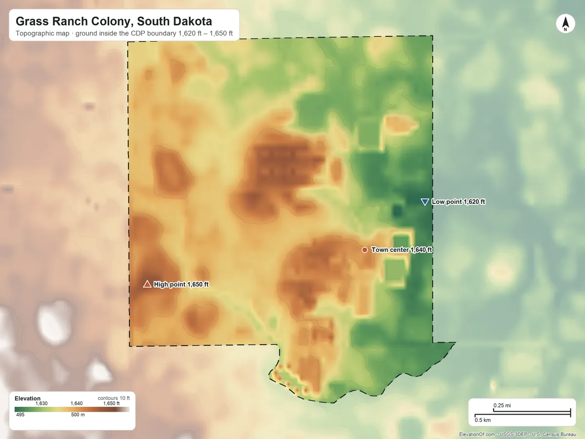 Topographic elevation map of Grass Ranch Colony, South Dakota, shaded from 1,620 ft on the northeast side to 1,650 ft on the west side