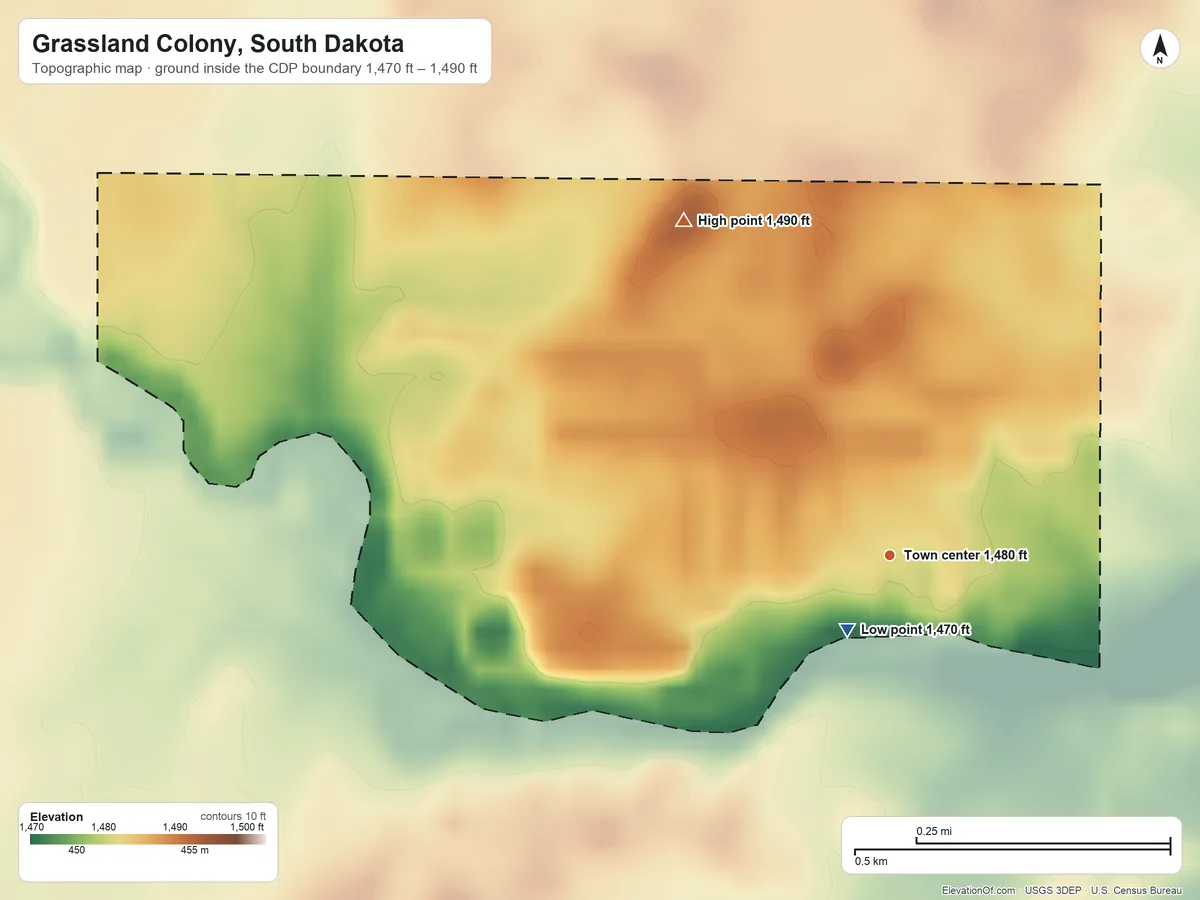 Topographic elevation map of Grassland Colony, South Dakota, shaded from 1,470 ft near the middle to 1,490 ft on the northwest side
