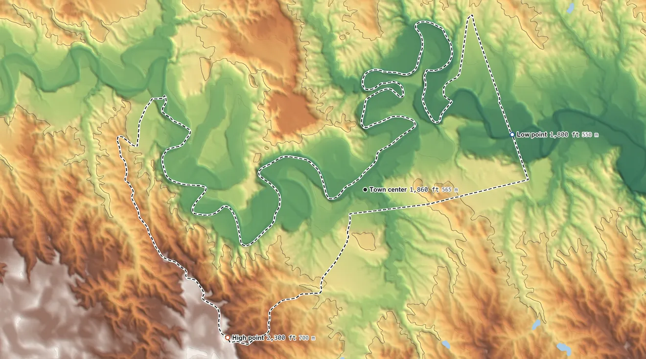 Topographic elevation map of Green Grass, South Dakota, shaded from 1,800 ft on the east side to 2,300 ft on the southwest side