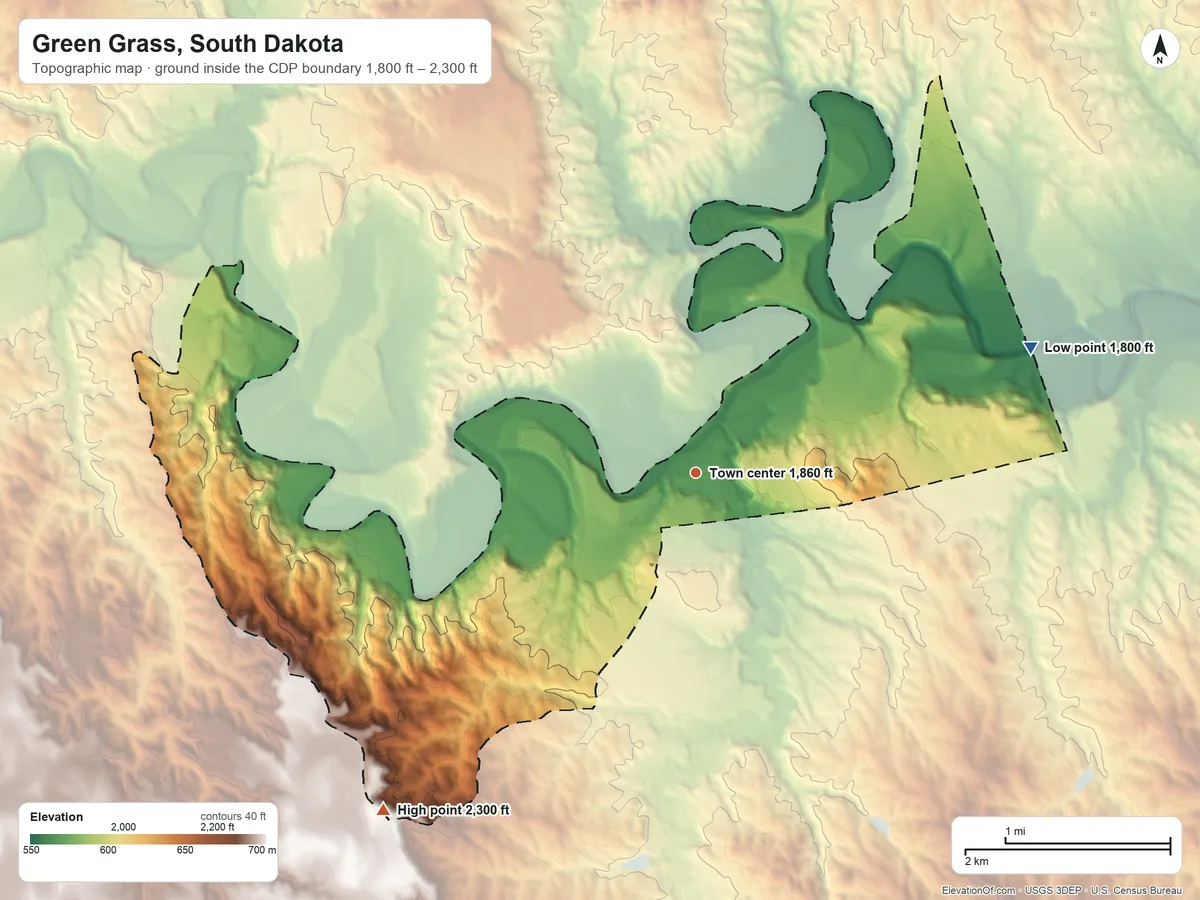 Topographic elevation map of Green Grass, South Dakota, shaded from 1,800 ft on the east side to 2,300 ft on the southwest side