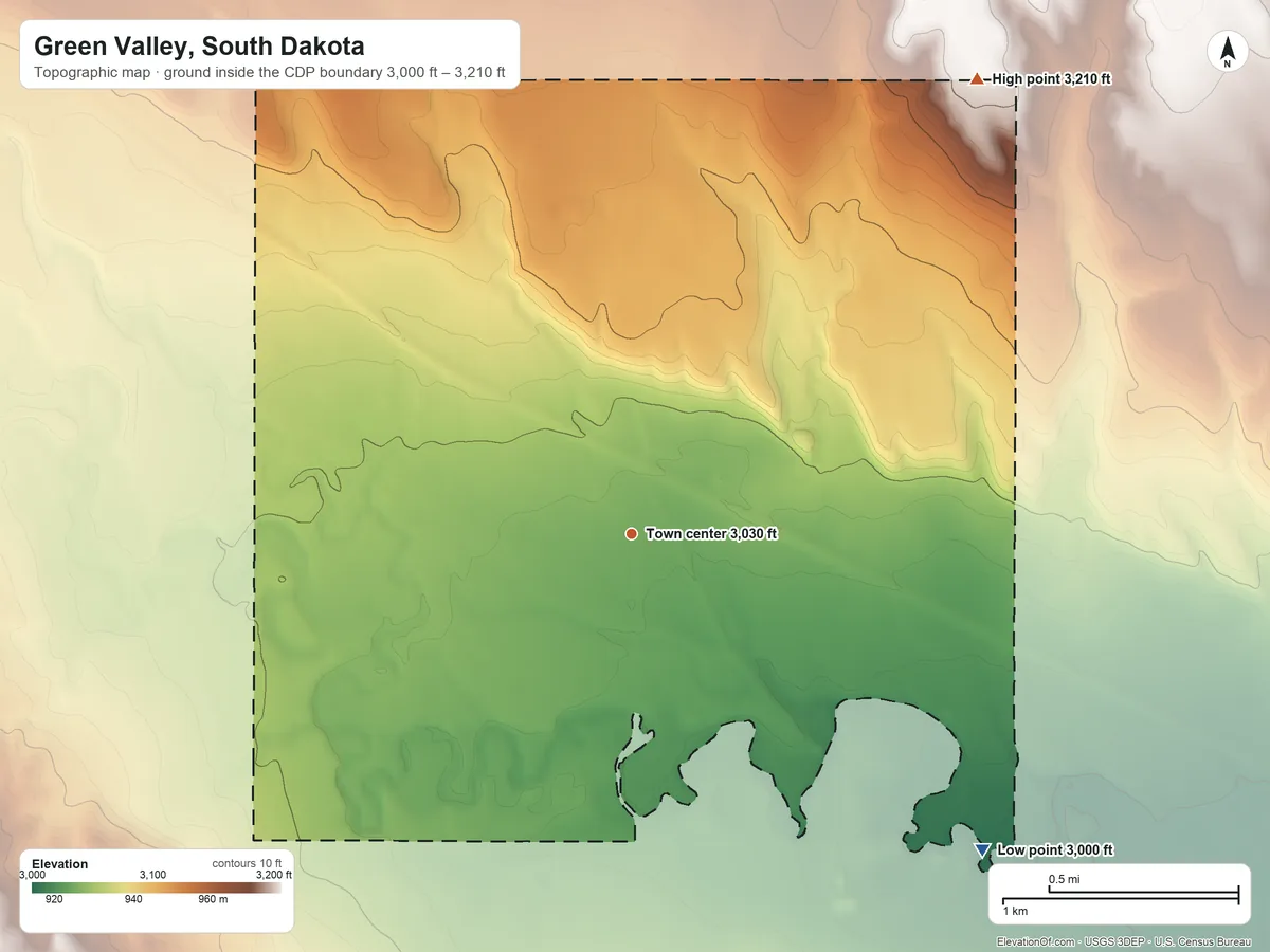 Topographic elevation map of Green Valley, South Dakota, shaded from 3,000 ft on the southeast side to 3,210 ft on the northeast side