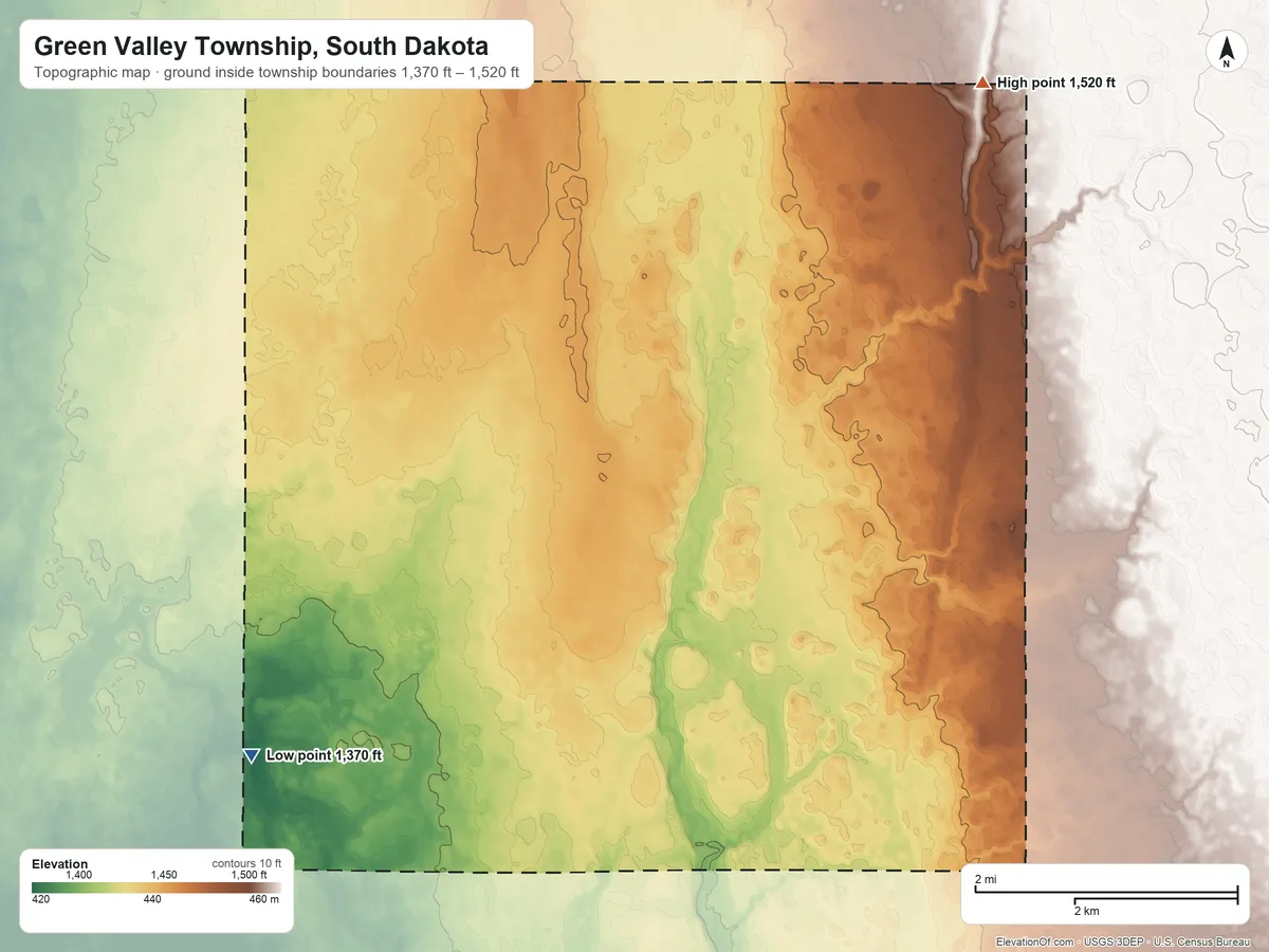 Topographic elevation map of Green Valley Township, South Dakota, shaded from 1,370 ft on the southwest side to 1,520 ft on the northeast side