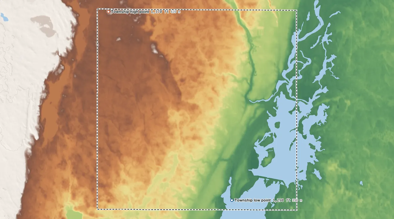 Topographic elevation map of Greenfield Township, South Dakota, shaded from 1,290 ft on the south side to 1,370 ft on the northwest side