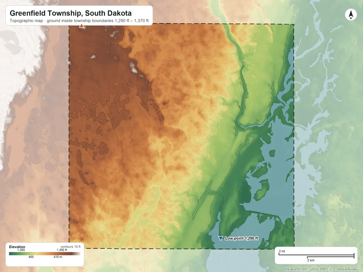 Topographic elevation map of Greenfield Township, South Dakota, shaded from 1,290 ft on the south side to 1,370 ft on the northwest side