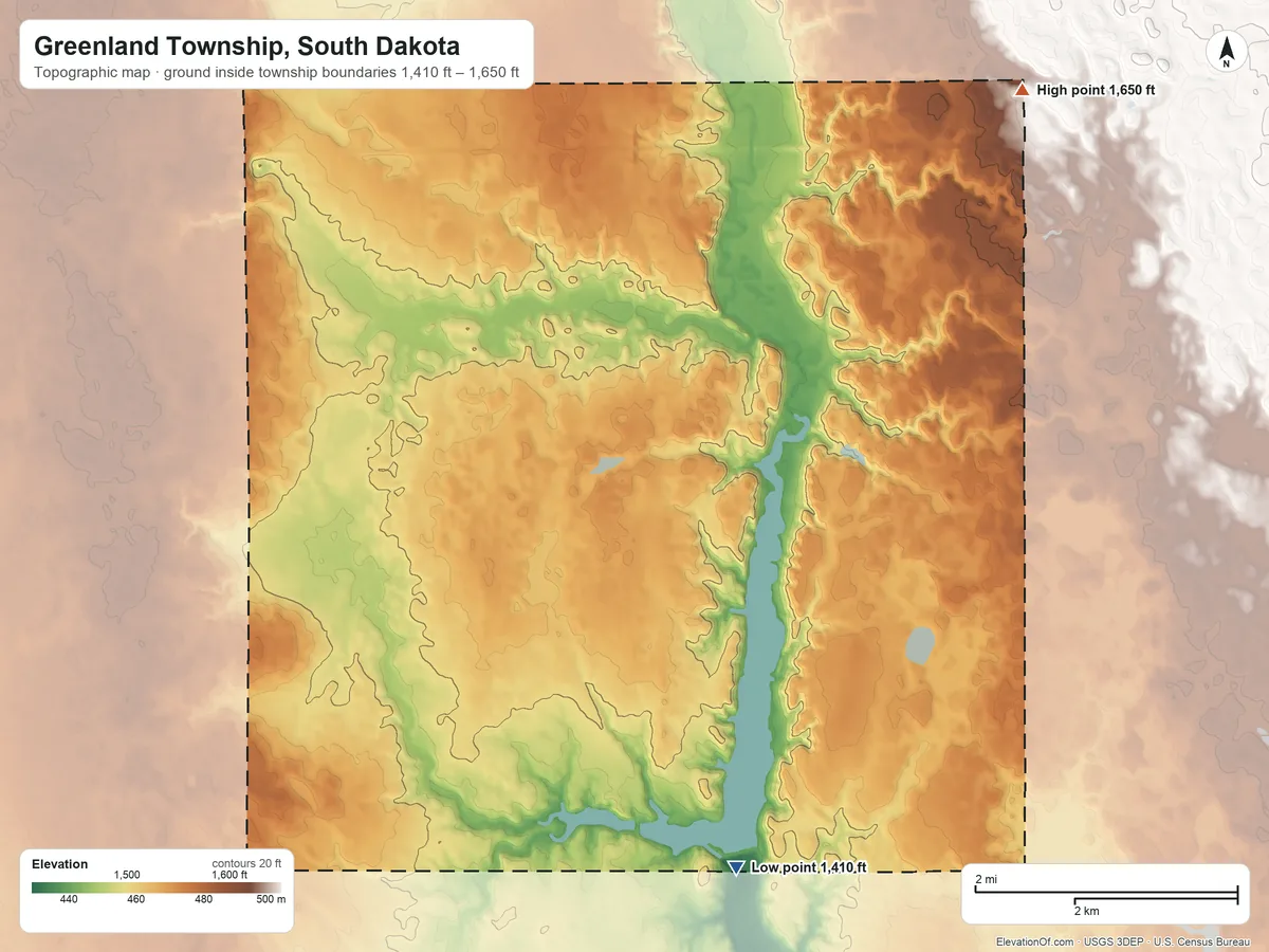 Topographic elevation map of Greenland Township, South Dakota, shaded from 1,410 ft on the south side to 1,650 ft on the northeast side