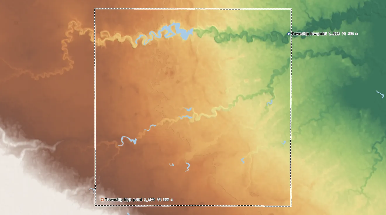 Topographic elevation map of Greenleaf Township, South Dakota, shaded from 1,510 ft on the northeast side to 1,670 ft on the southwest side