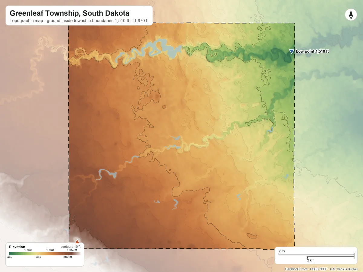 Topographic elevation map of Greenleaf Township, South Dakota, shaded from 1,510 ft on the northeast side to 1,670 ft on the southwest side