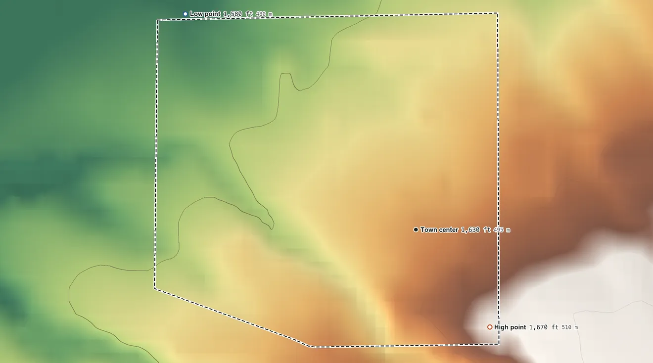 Topographic elevation map of Greenwood Colony, South Dakota, shaded from 1,580 ft on the northwest side to 1,670 ft on the southeast side