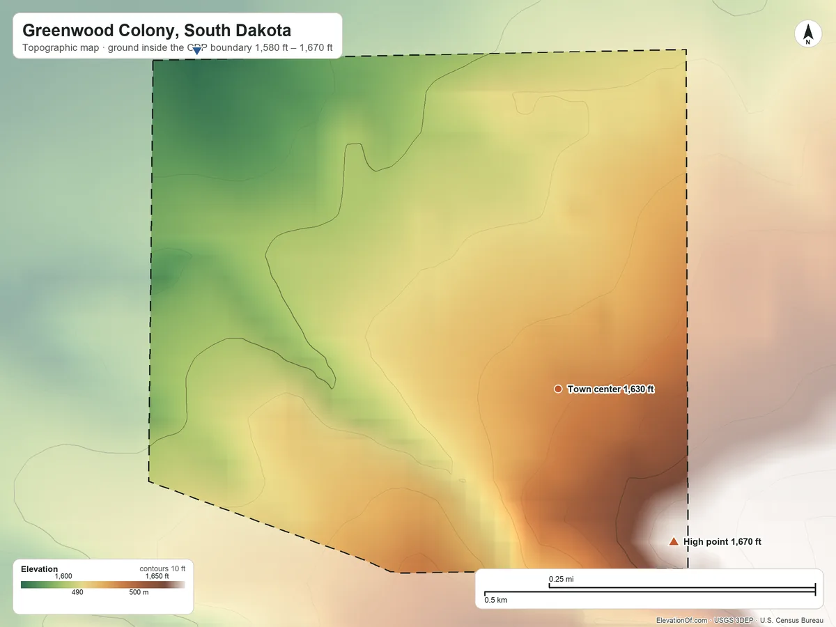 Topographic elevation map of Greenwood Colony, South Dakota, shaded from 1,580 ft on the northwest side to 1,670 ft on the southeast side
