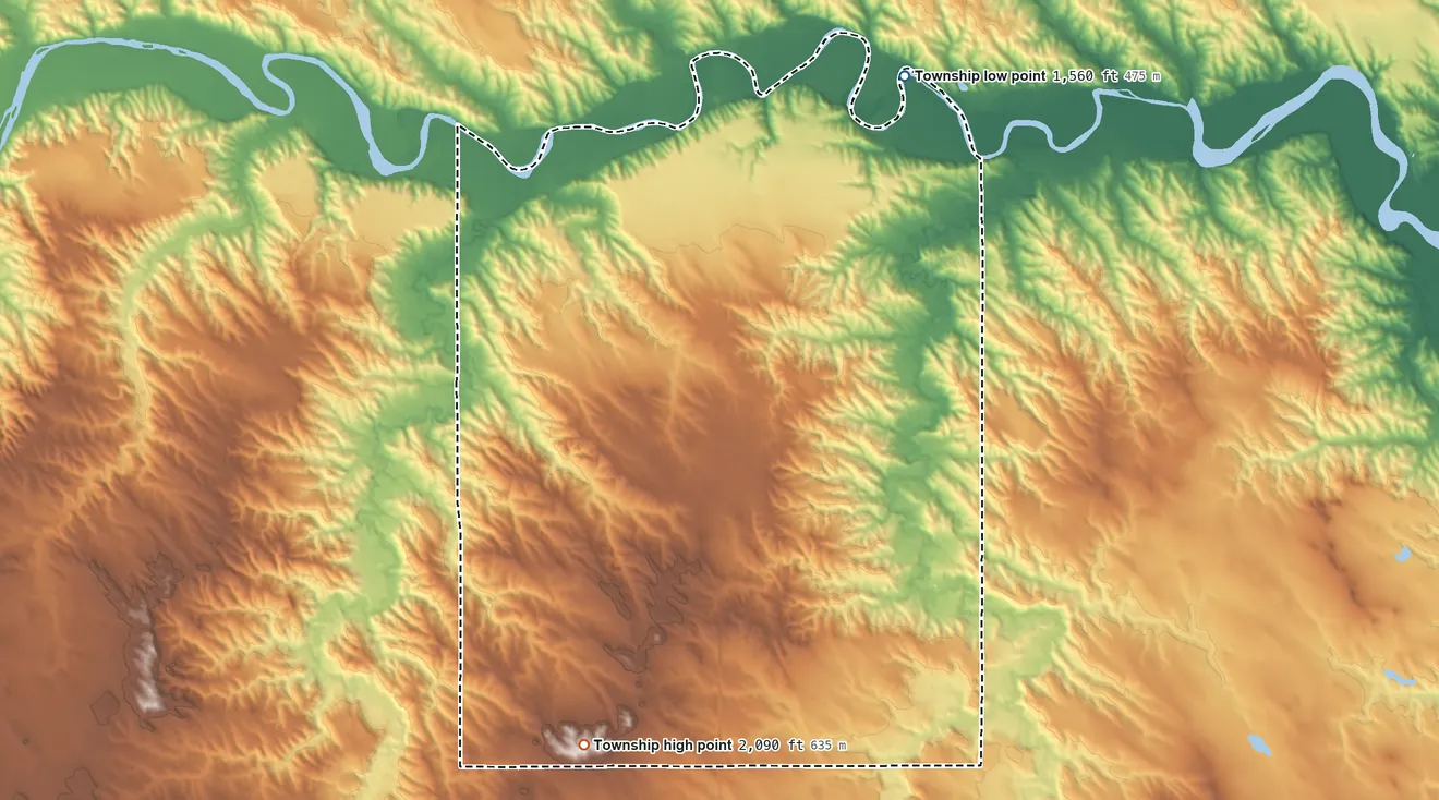 Topographic elevation map of Greenwood Township, South Dakota, shaded from 1,560 ft on the northeast side to 2,090 ft on the south side