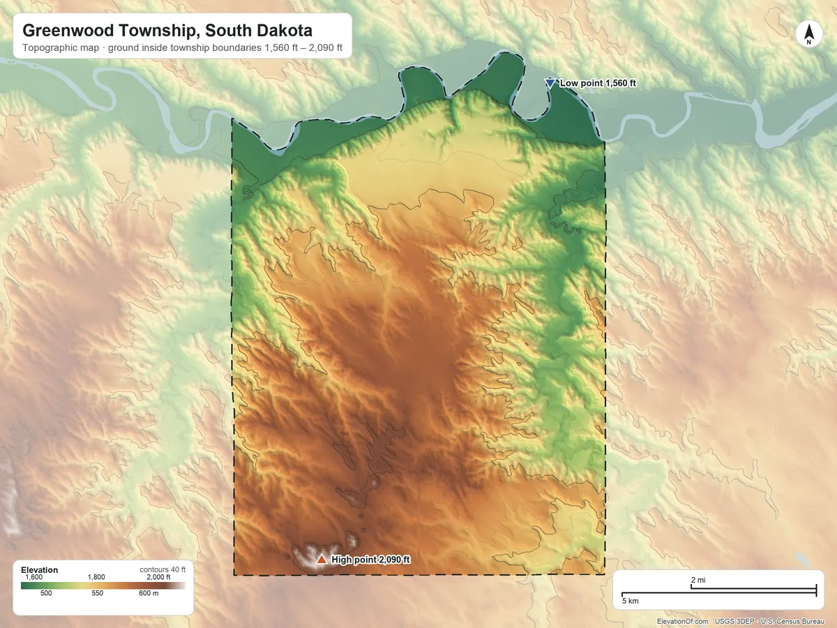Topographic elevation map of Greenwood Township, South Dakota, shaded from 1,560 ft on the northeast side to 2,090 ft on the south side
