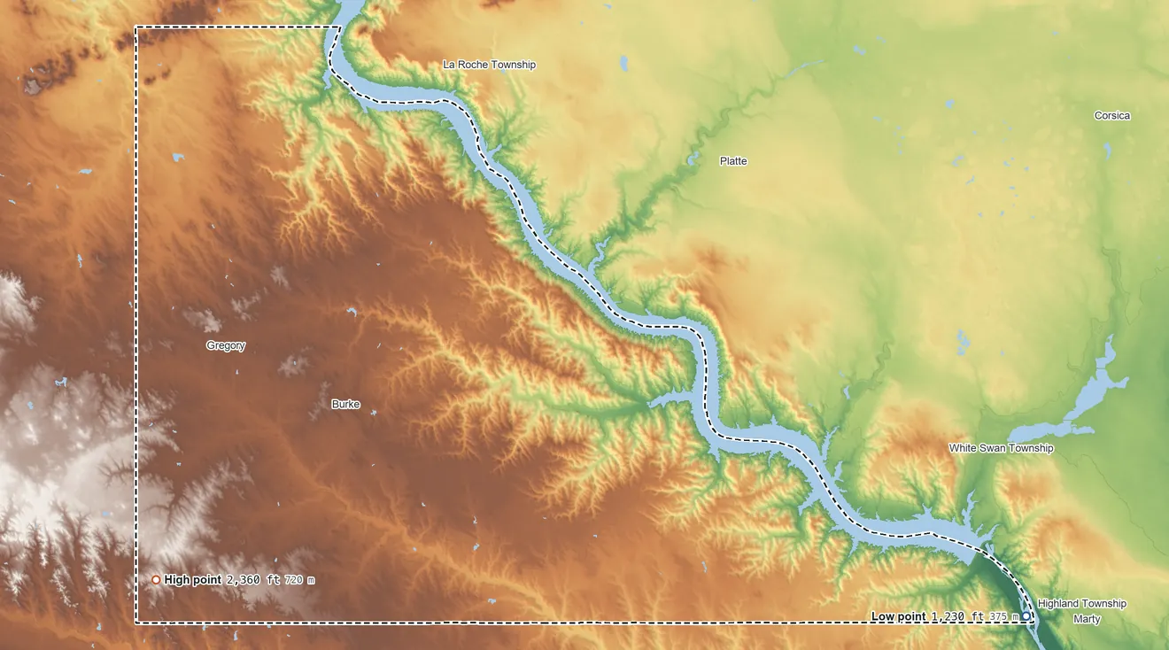 Topographic elevation map of Gregory County, South Dakota, shaded from 1,230 ft on the southeast side to 2,360 ft on the southwest side
