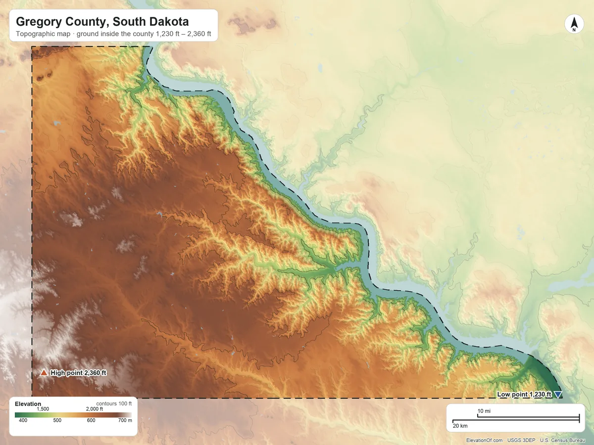 Topographic elevation map of Gregory County, South Dakota, shaded from 1,230 ft on the southeast side to 2,360 ft on the southwest side