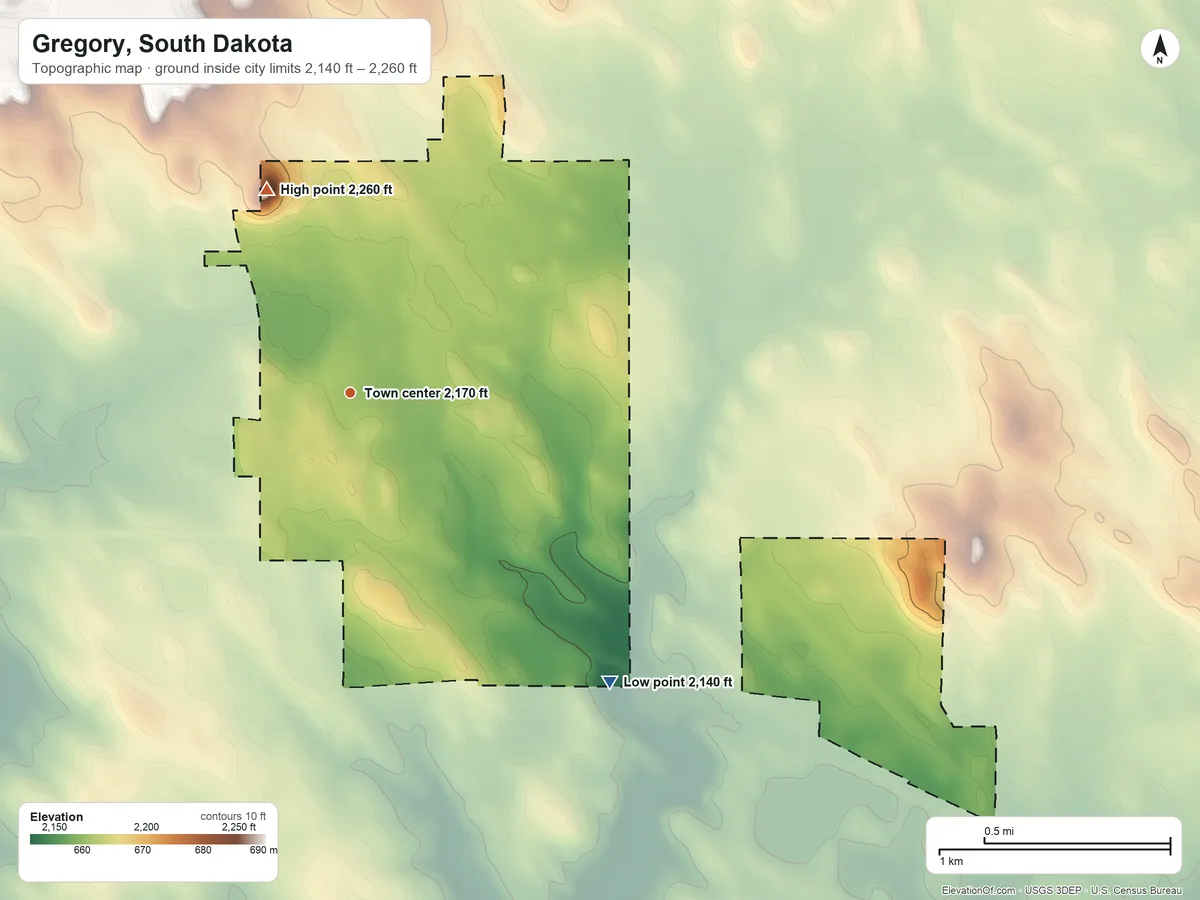 Topographic elevation map of Gregory, South Dakota, shaded from 2,140 ft on the southeast side to 2,260 ft on the north side