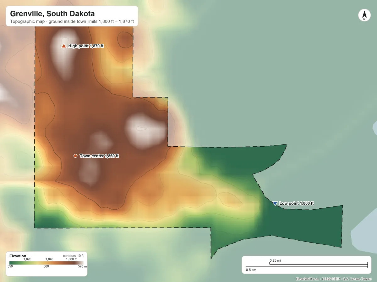 Topographic elevation map of Grenville, South Dakota, shaded from 1,800 ft on the east side to 1,870 ft on the north side