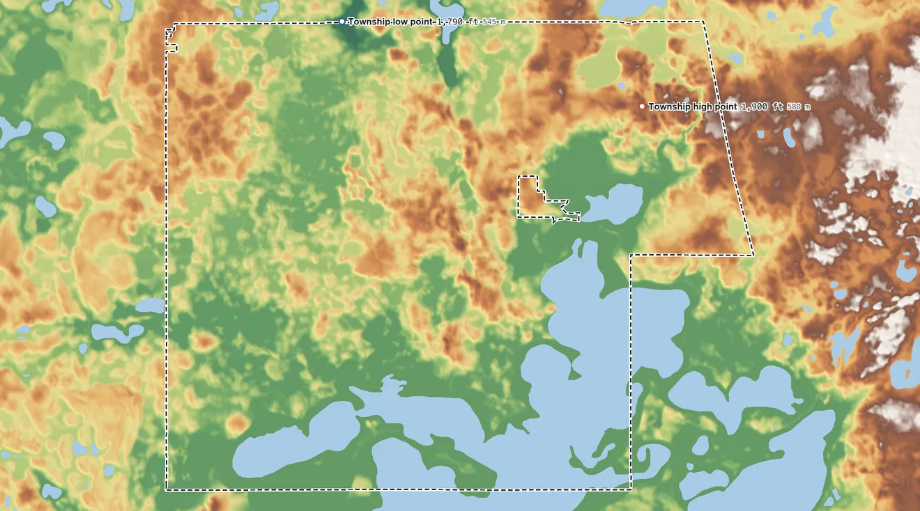 Topographic elevation map of Grenville Township, South Dakota, shaded from 1,790 ft on the north side to 1,900 ft on the northeast side