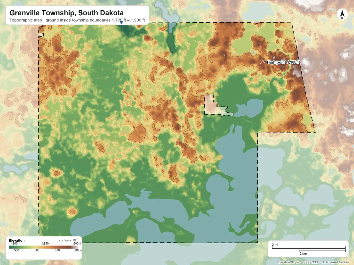 Topographic elevation map of Grenville Township, South Dakota, shaded from 1,790 ft on the north side to 1,900 ft on the northeast side