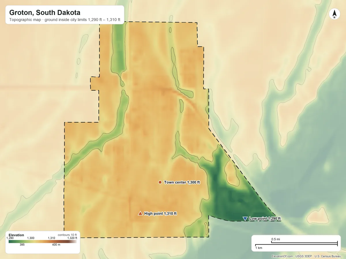 Topographic elevation map of Groton, South Dakota, shaded from 1,290 ft on the southeast side to 1,310 ft on the southwest side