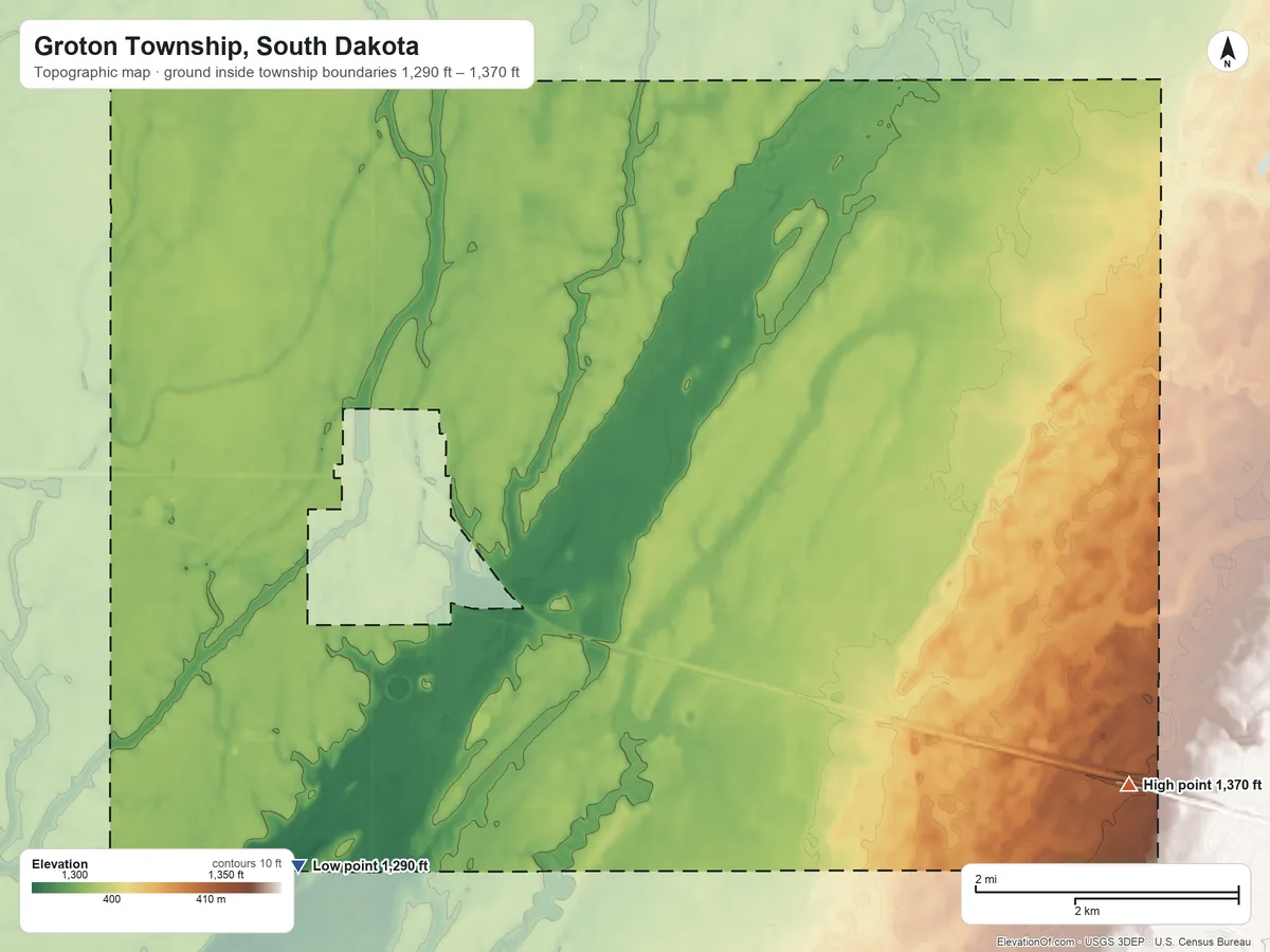 Topographic elevation map of Groton Township, South Dakota, shaded from 1,290 ft on the southwest side to 1,370 ft on the southeast side