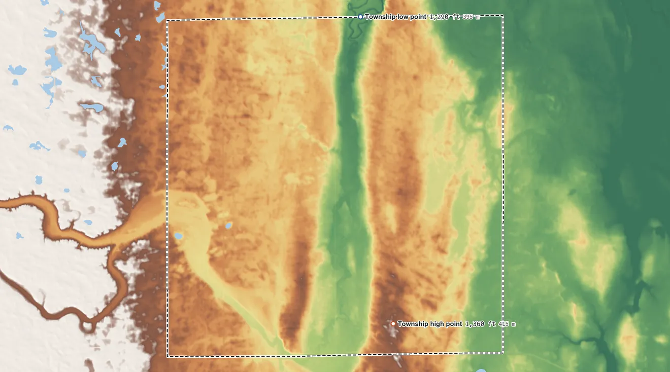 Topographic elevation map of Groveland Township, South Dakota, shaded from 1,290 ft on the north side to 1,360 ft on the southeast side