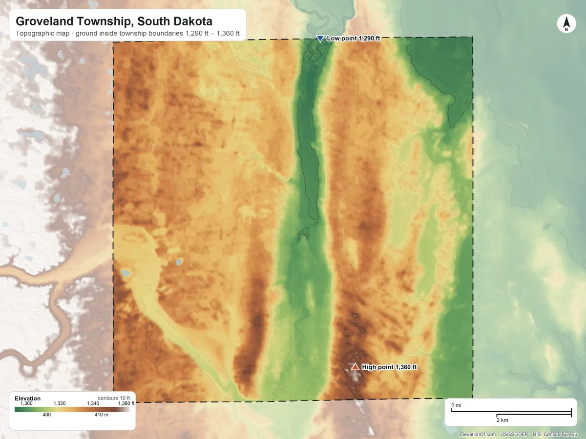 Topographic elevation map of Groveland Township, South Dakota, shaded from 1,290 ft on the north side to 1,360 ft on the southeast side