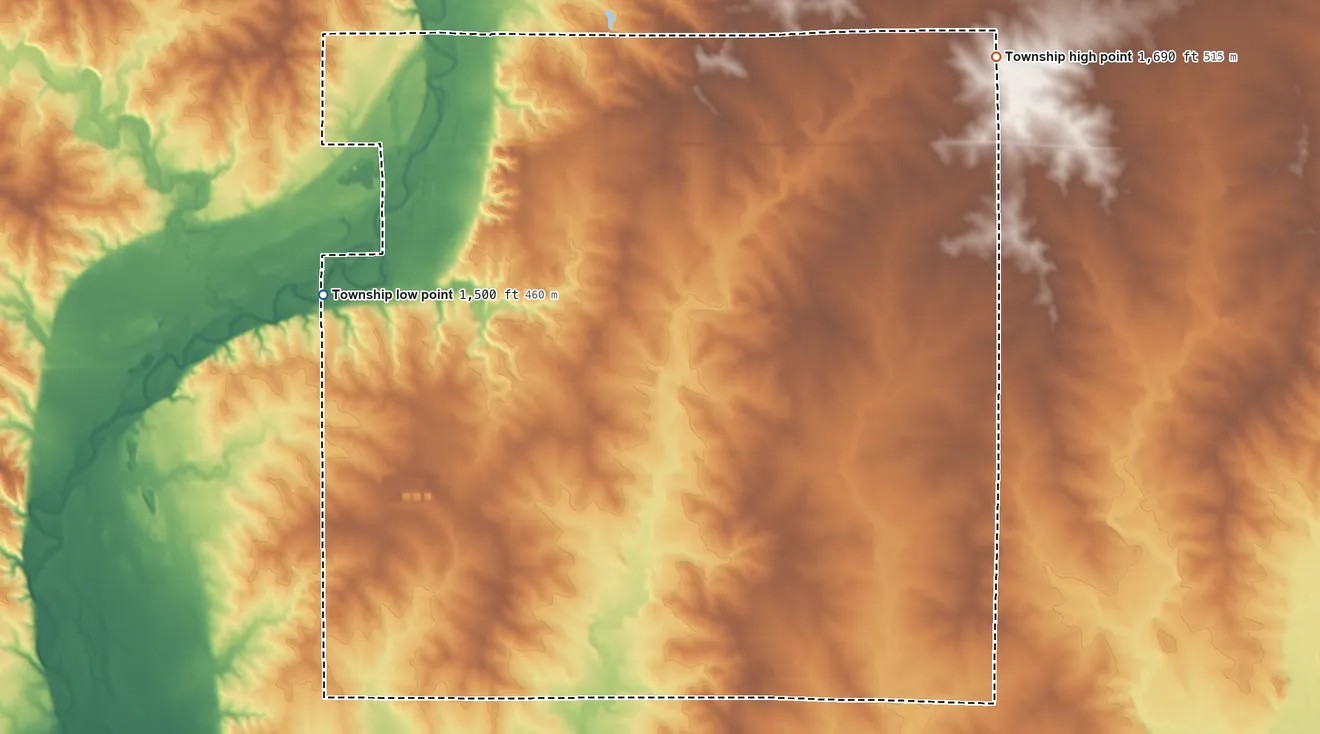 Topographic elevation map of Grovena Township, South Dakota, shaded from 1,500 ft on the northwest side to 1,690 ft on the northeast side