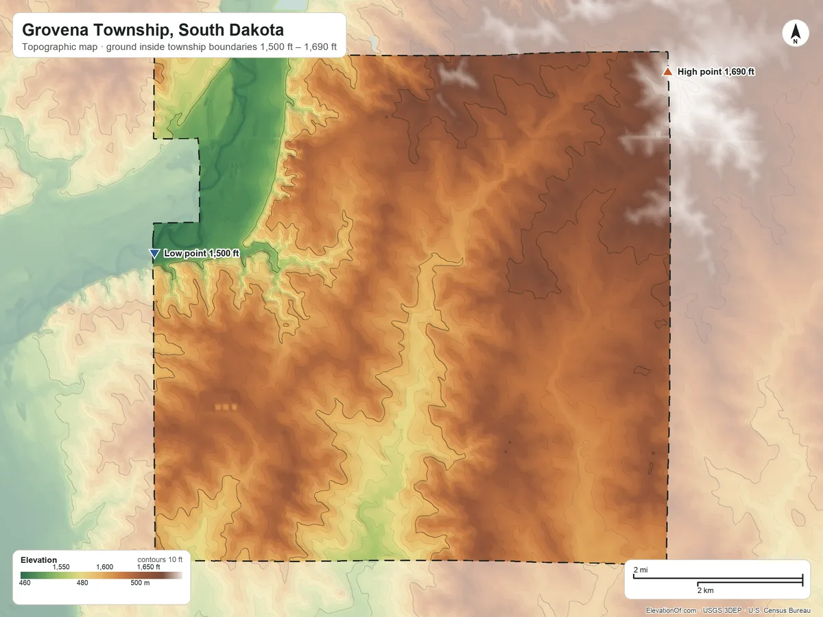 Topographic elevation map of Grovena Township, South Dakota, shaded from 1,500 ft on the northwest side to 1,690 ft on the northeast side