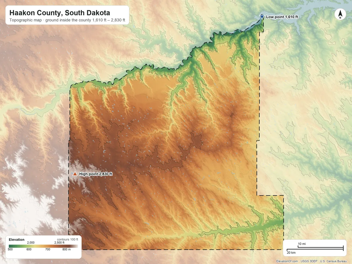 Topographic elevation map of Haakon County, South Dakota, shaded from 1,610 ft on the northeast side to 2,830 ft on the west side