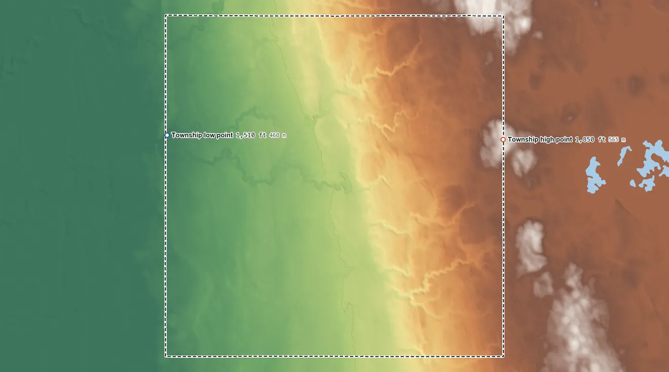 Topographic elevation map of Hague Township, South Dakota, shaded from 1,510 ft on the west side to 1,850 ft on the east side
