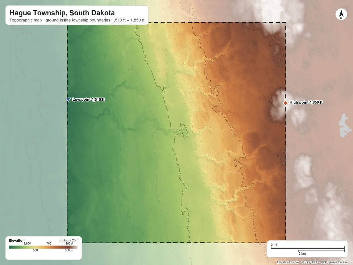 Topographic elevation map of Hague Township, South Dakota, shaded from 1,510 ft on the west side to 1,850 ft on the east side