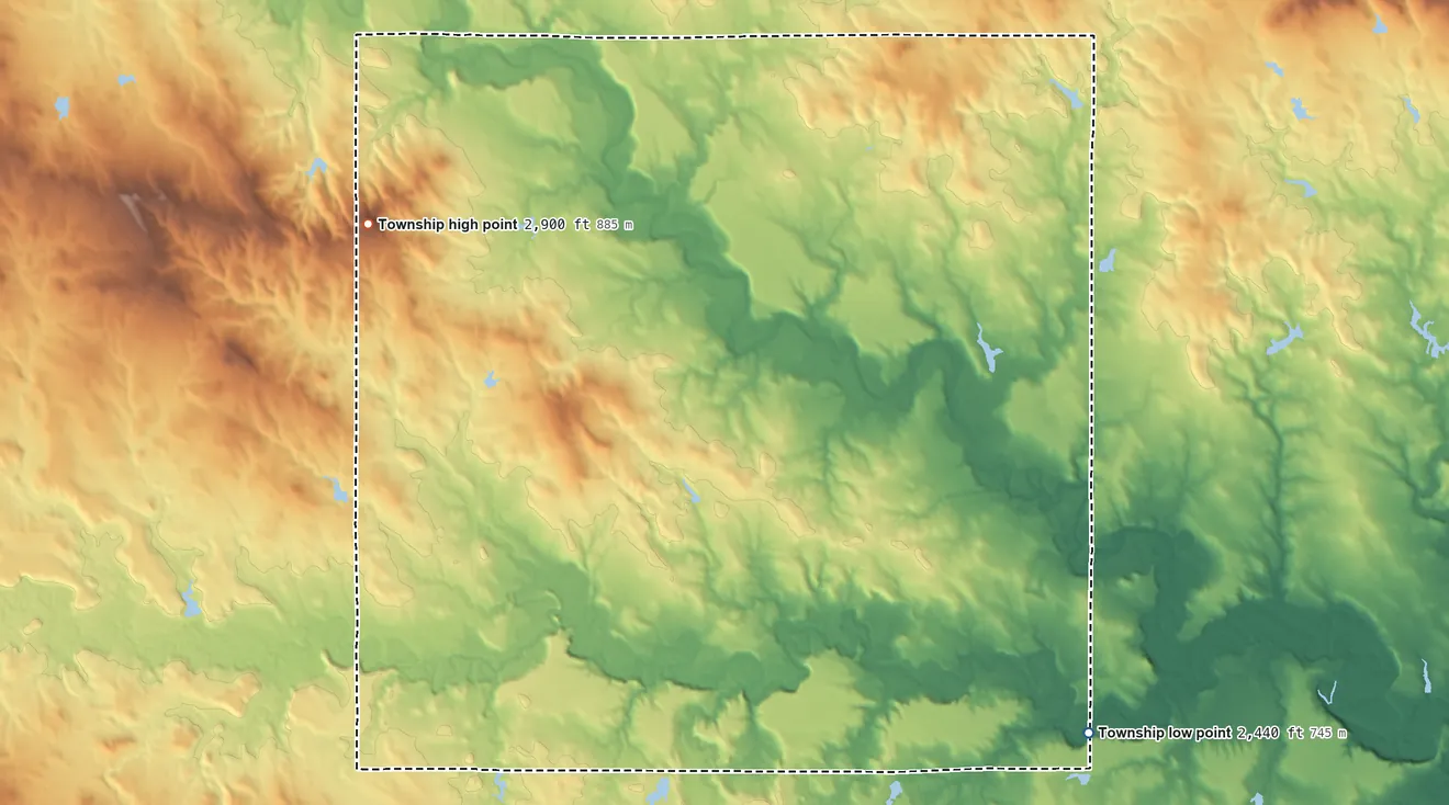 Topographic elevation map of Hall Township, South Dakota, shaded from 2,440 ft on the southeast side to 2,900 ft on Rabbit Butte