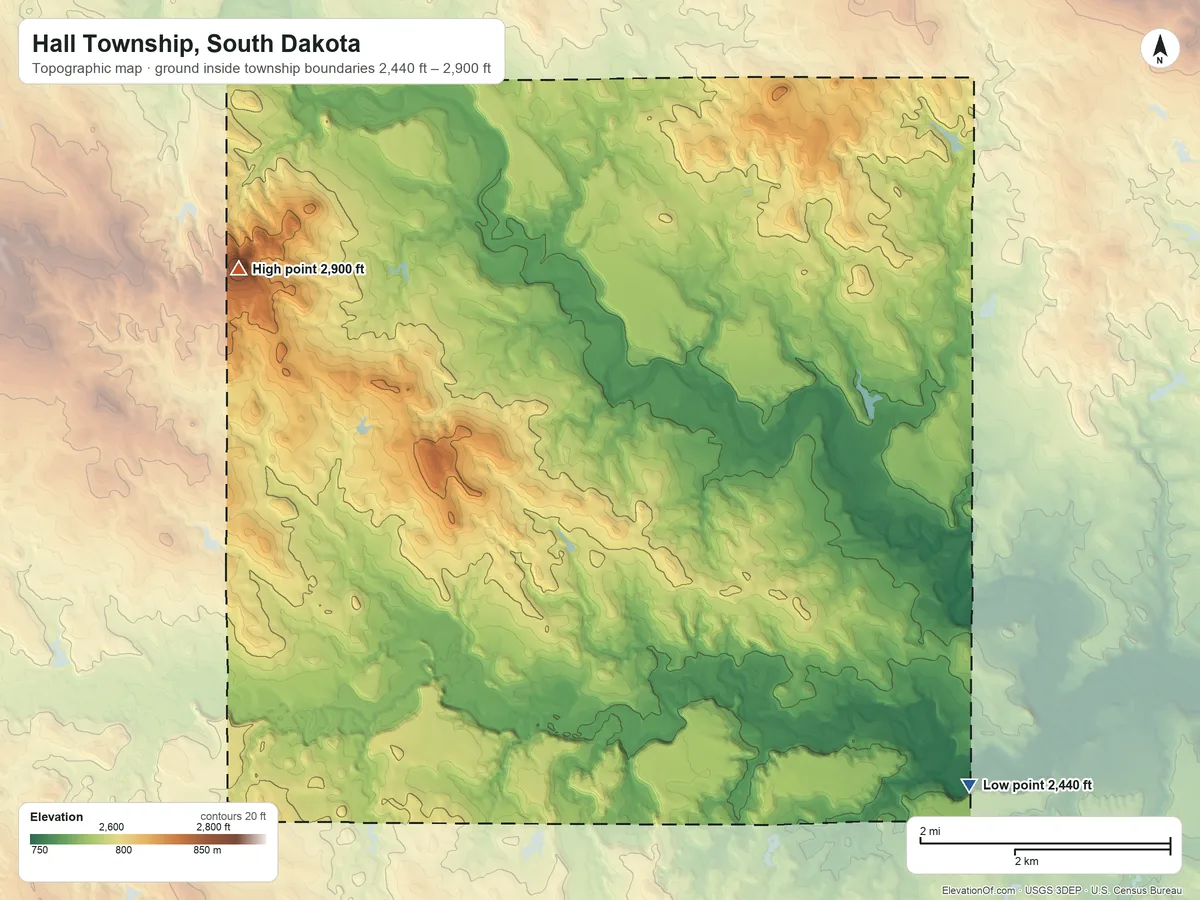 Topographic elevation map of Hall Township, South Dakota, shaded from 2,440 ft on the southeast side to 2,900 ft on Rabbit Butte