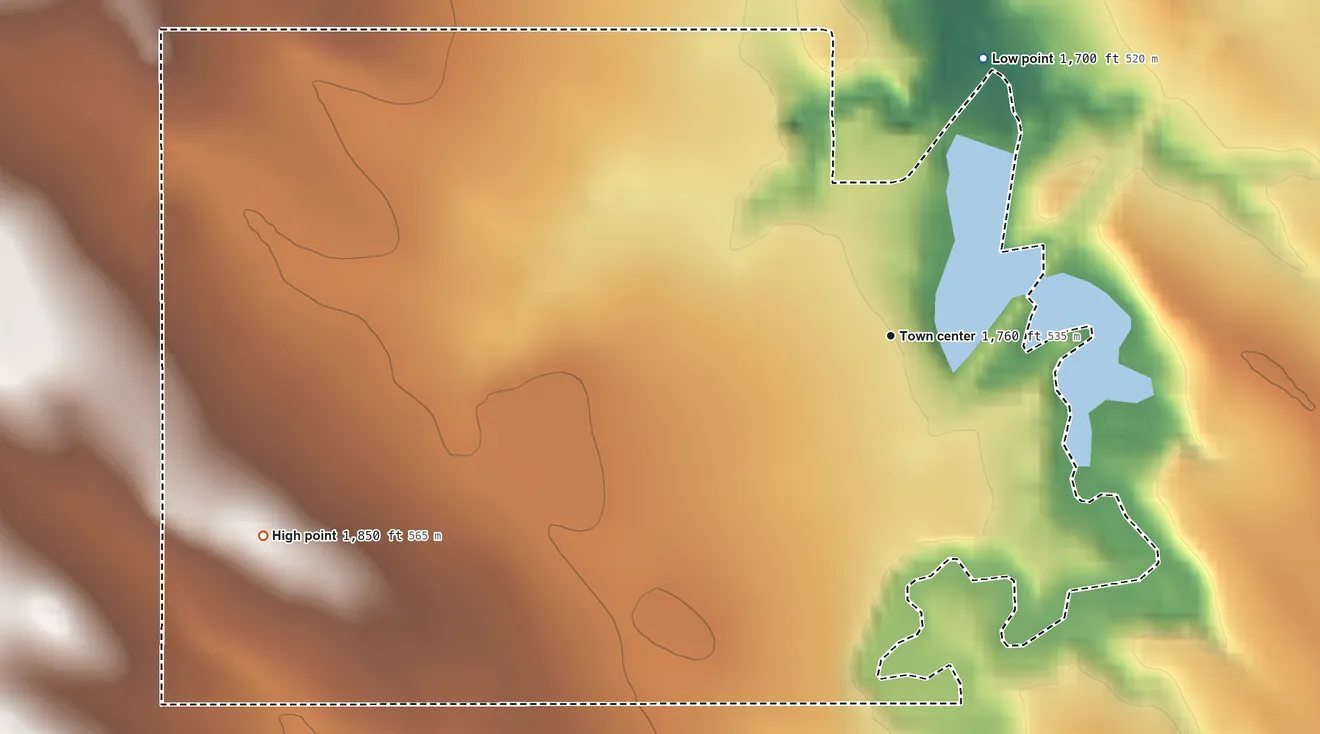 Topographic elevation map of Hamill, South Dakota, shaded from 1,700 ft on the north side to 1,850 ft on the west side
