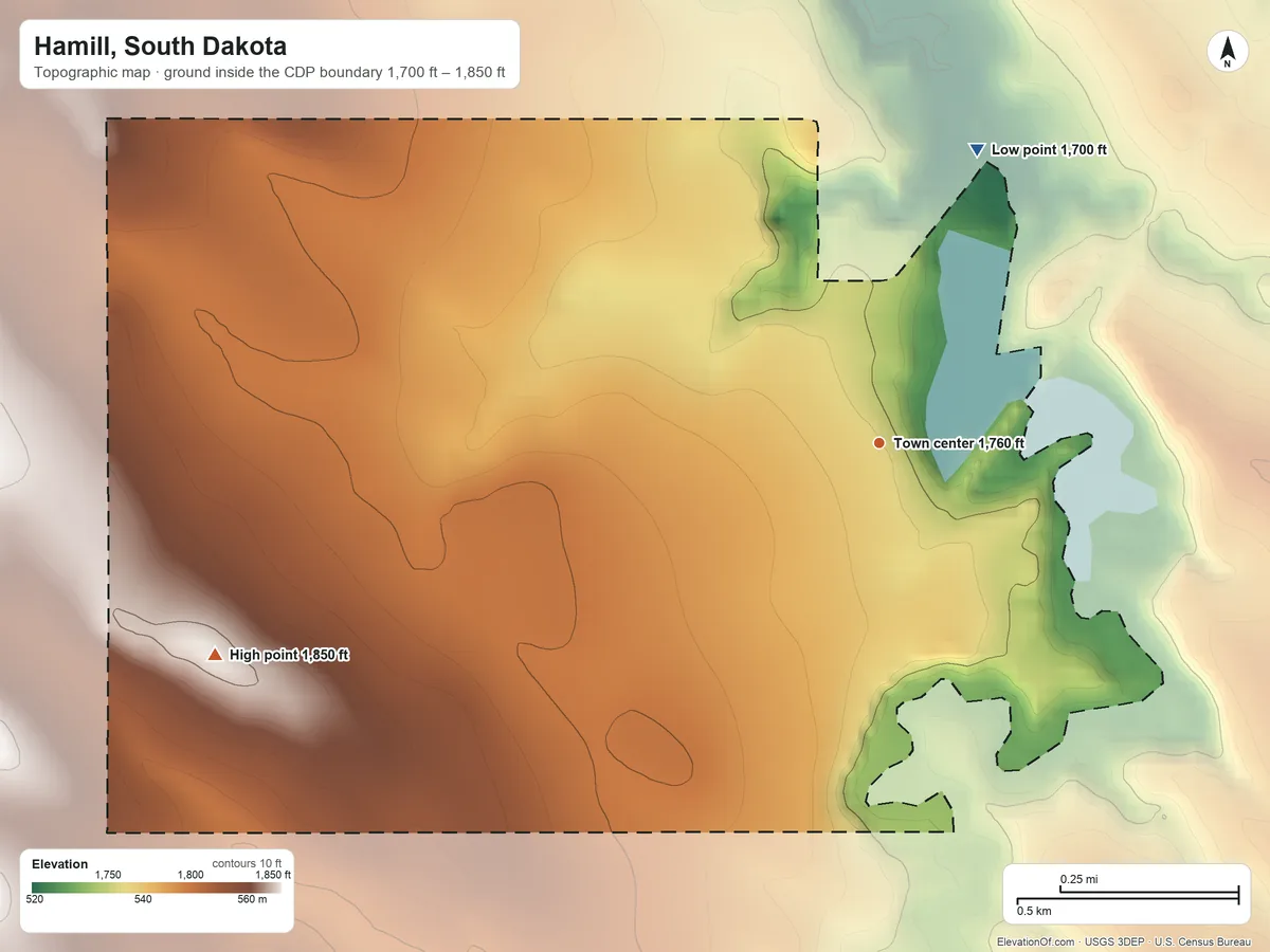 Topographic elevation map of Hamill, South Dakota, shaded from 1,700 ft on the north side to 1,850 ft on the west side
