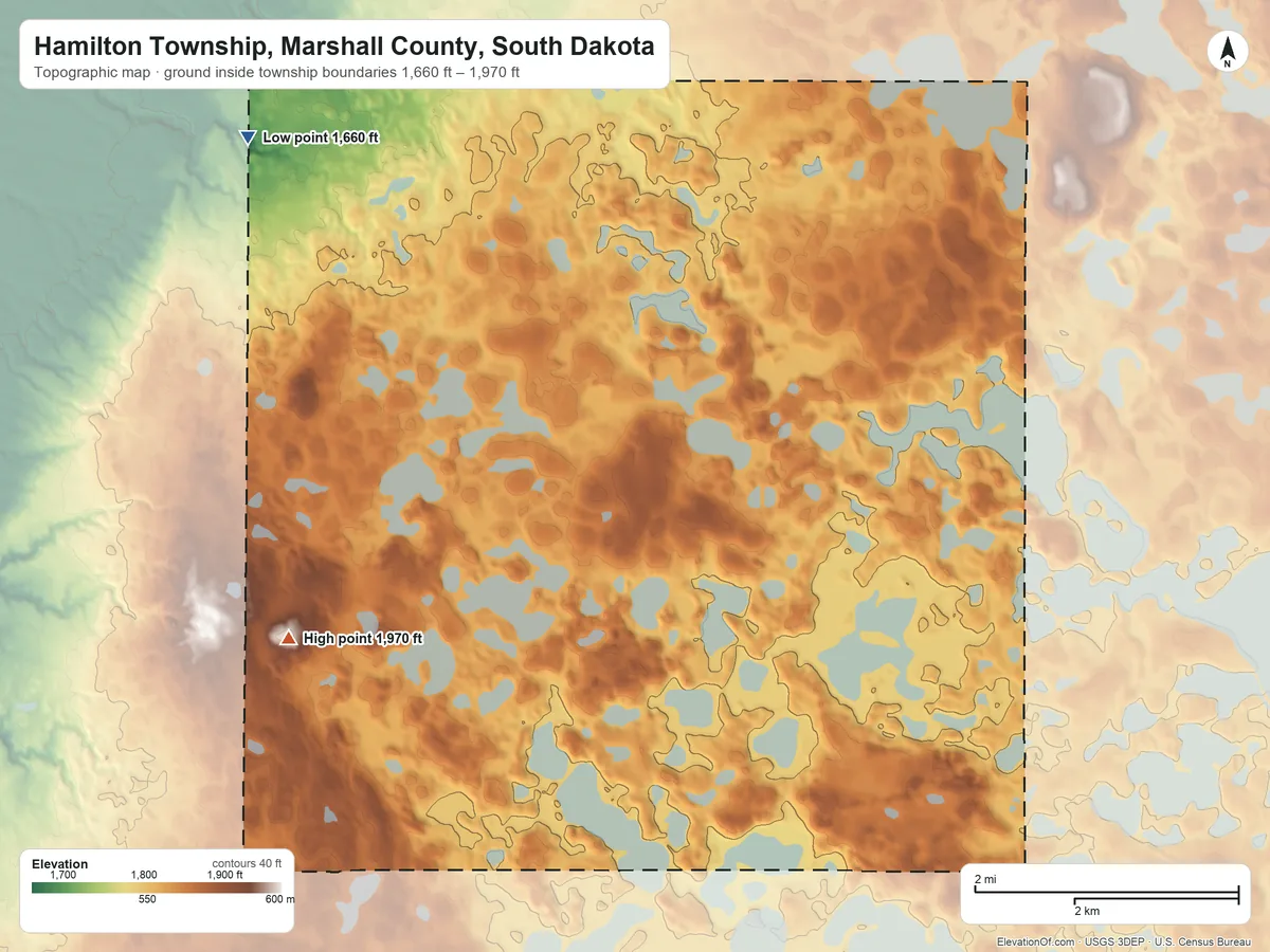 Topographic elevation map of Hamilton Township, Marshall County, South Dakota, shaded from 1,660 ft on the west side to 1,970 ft on the southwest side