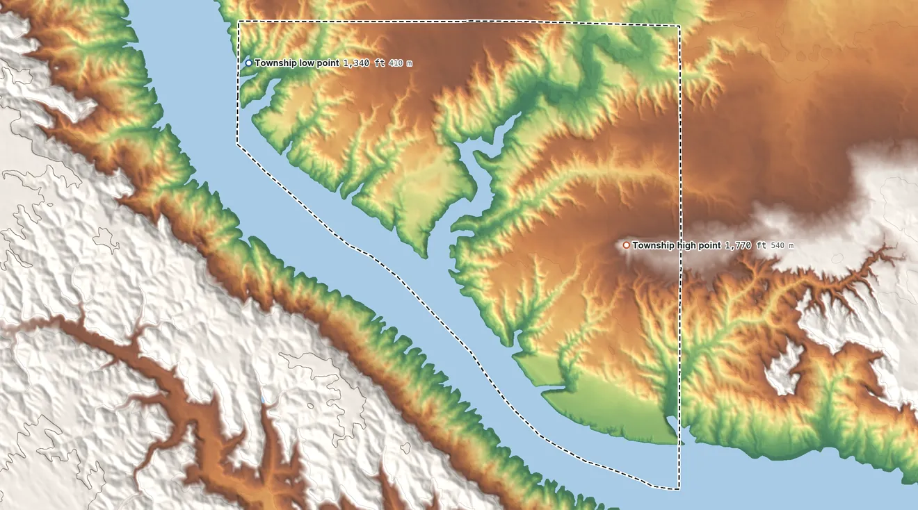 Topographic elevation map of Hamilton Township, South Dakota, shaded from 1,340 ft on the northwest side to 1,770 ft on the east side