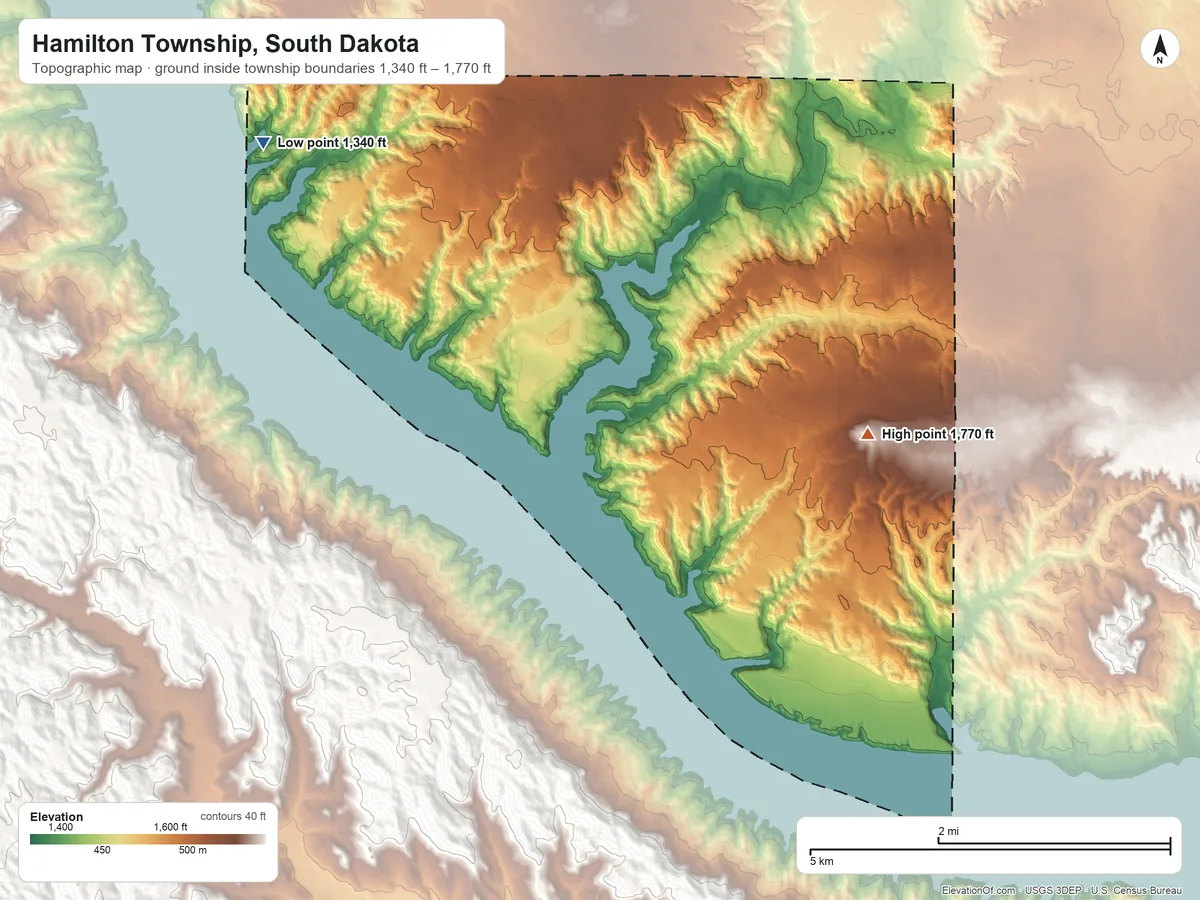 Topographic elevation map of Hamilton Township, South Dakota, shaded from 1,340 ft on the northwest side to 1,770 ft on the east side