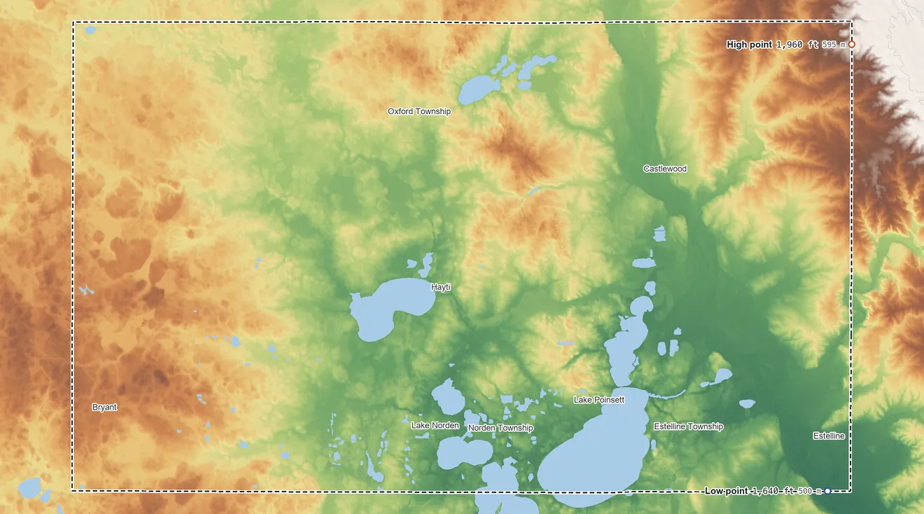 Topographic elevation map of Hamlin County, South Dakota, shaded from 1,640 ft on the southeast side to 1,960 ft on the northeast side