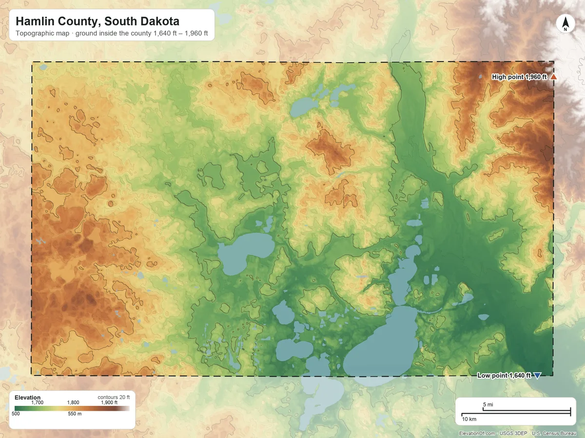 Topographic elevation map of Hamlin County, South Dakota, shaded from 1,640 ft on the southeast side to 1,960 ft on the northeast side
