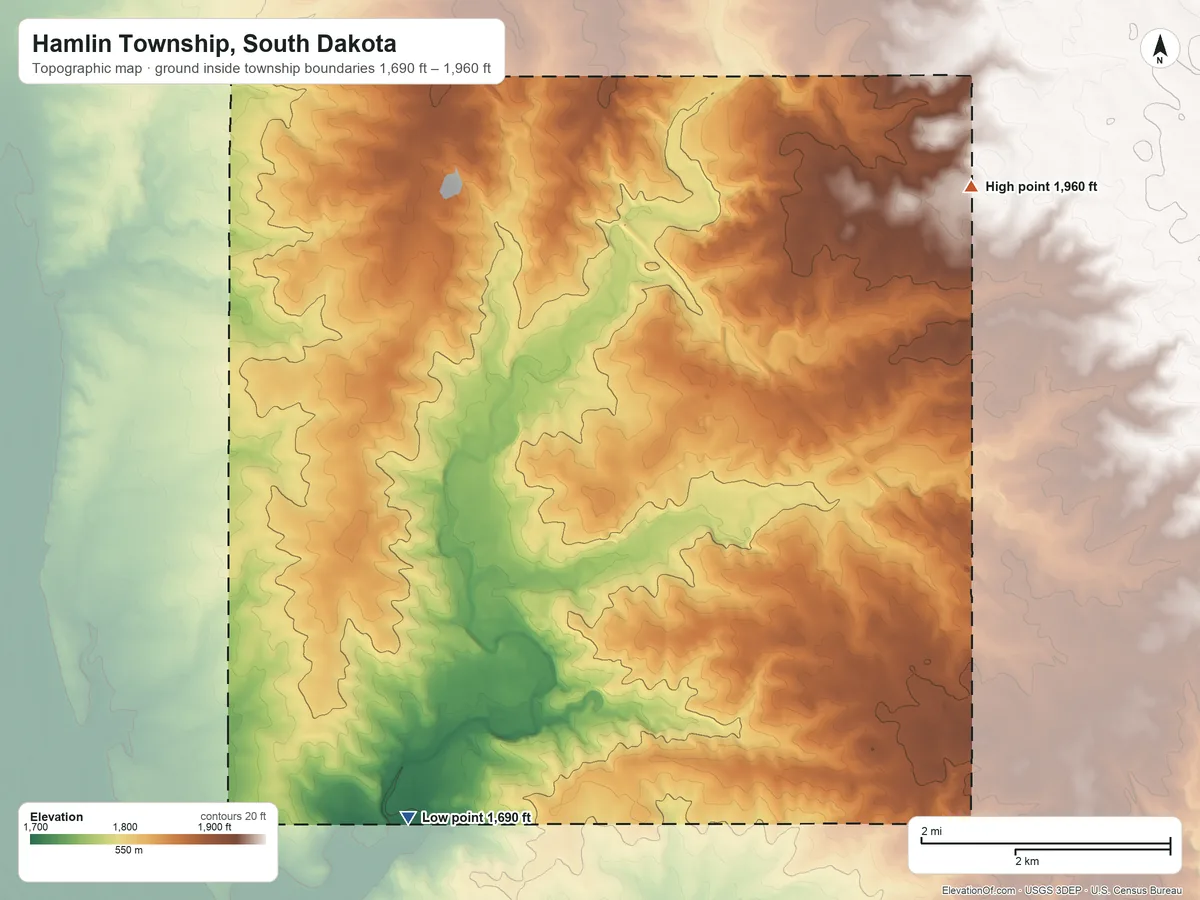 Topographic elevation map of Hamlin Township, South Dakota, shaded from 1,690 ft on the southwest side to 1,960 ft on the northeast side