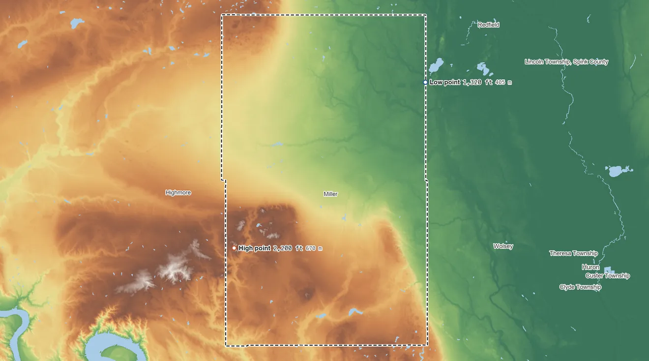 Topographic elevation map of Hand County, South Dakota, shaded from 1,320 ft on the northeast side to 2,200 ft on the southwest side