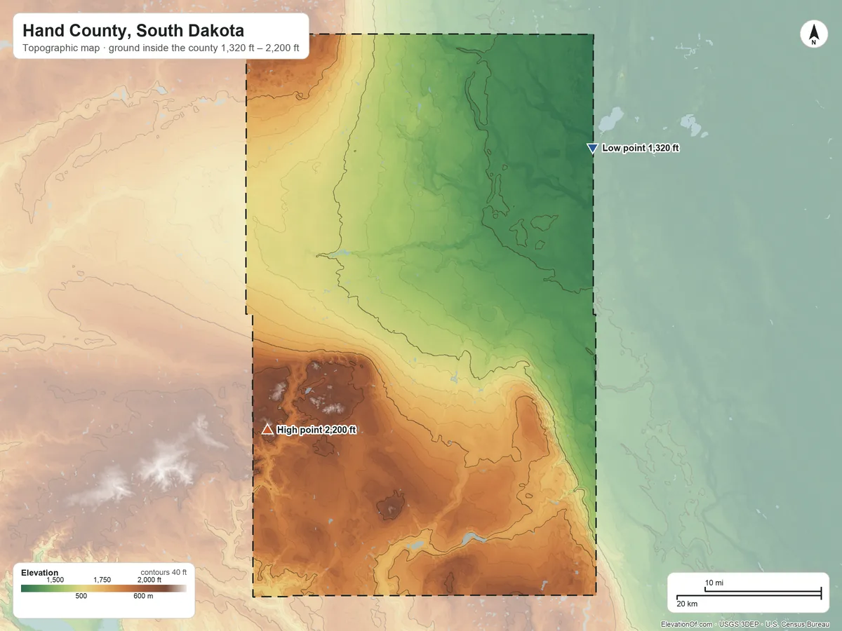 Topographic elevation map of Hand County, South Dakota, shaded from 1,320 ft on the northeast side to 2,200 ft on the southwest side
