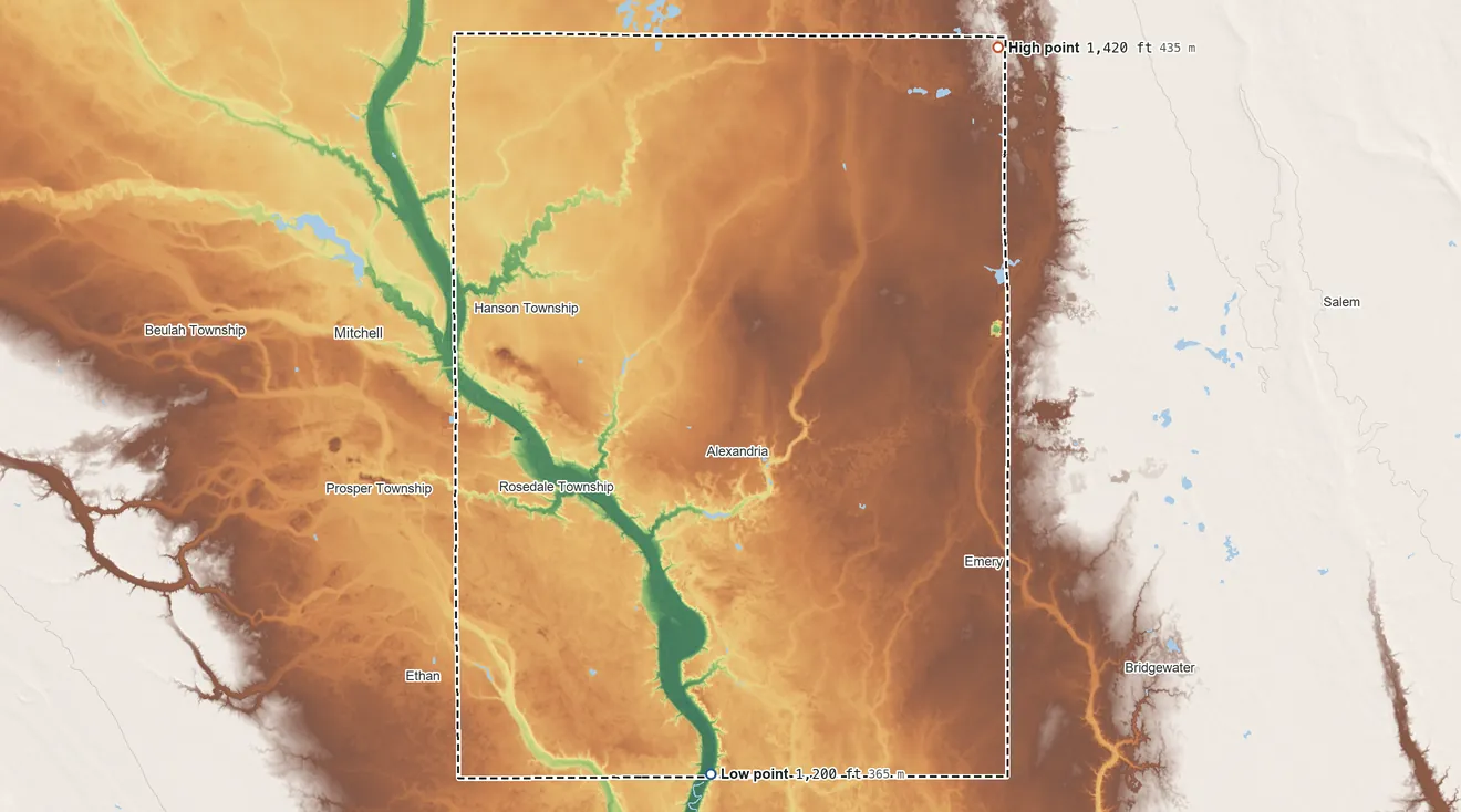 Topographic elevation map of Hanson County, South Dakota, shaded from 1,200 ft on the south side to 1,420 ft on the northeast side
