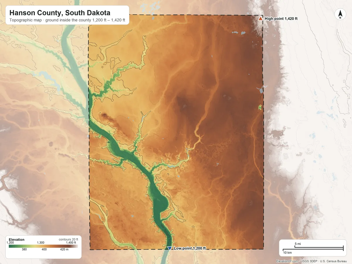 Topographic elevation map of Hanson County, South Dakota, shaded from 1,200 ft on the south side to 1,420 ft on the northeast side