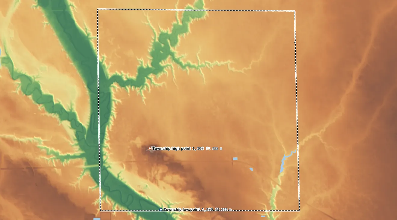 Topographic elevation map of Hanson Township, South Dakota, shaded from 1,200 ft on the south side to 1,390 ft on the southwest side